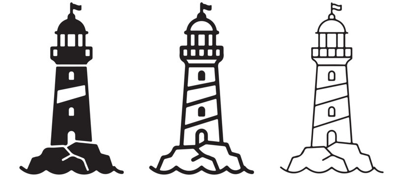 lighthouse illustrations on rocky shoreline with waves  iconic nautical structures