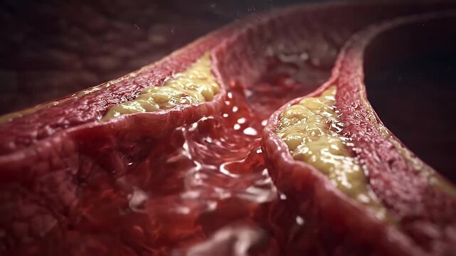 Close up view clogged artery blood vessel with yellowish cholesterol plaque buildup causing atherosclerosis cardiovascular health medical anatomy biology illustrating blockage risk and restricted