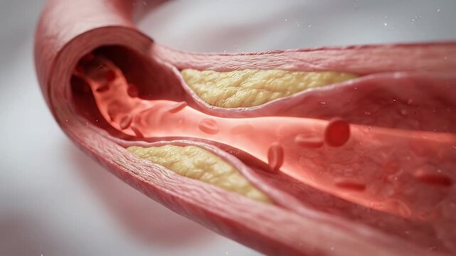 Narrowed artery blood vessel cholesterol plaque causing artery blockage and restricted blood flow with red blood cells cardiovascular vascular system medical illustration highlighting vascular health