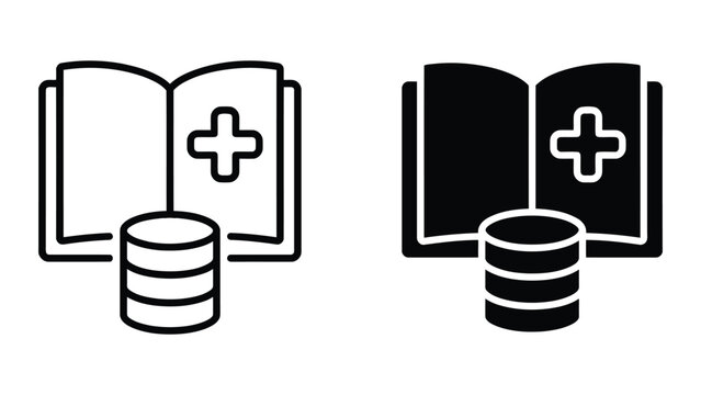 Healthcare knowledge base icon set showing open book with medical cross and data cylinder for medical information systems in clean outline and solid vector graphics for modern web design