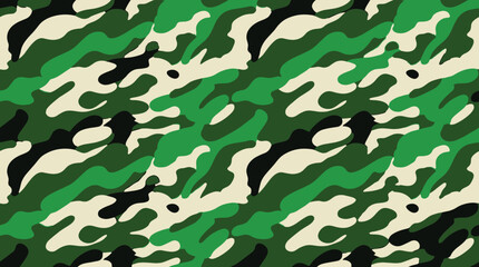 Classic woodland camouflage pattern with interlocking green, black, and cream organic shapes for textiles © Md