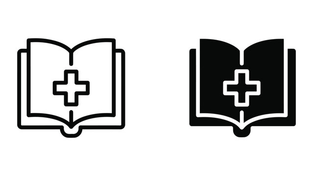 Medical bible or reference book icon set with large cross symbol for hospital chapel healthcare literature or clinical study guide concepts in minimalist vector graphic style for professional use
