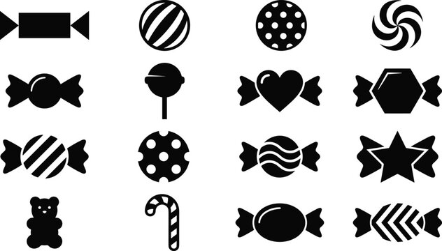 Collection of assorted candy and sweet in black silhouette style isolated on a white background, featuring lollipops, wrapped, candies, and gummies