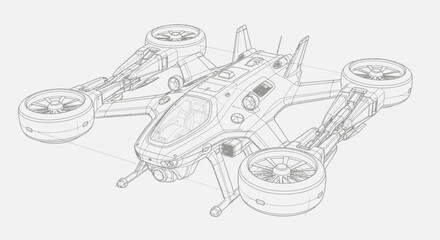 Fototapeta premium Drone flies through air with propellers spinning fast outside