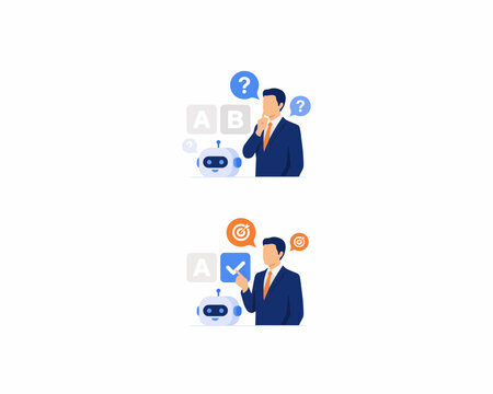 AI AB Testing Concept Businessman Choosing Option with Chatbot Assistant Illustration