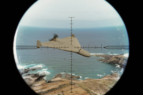 A reconnaissance drone flies over the ocean and is captured in a marked surveillance system.