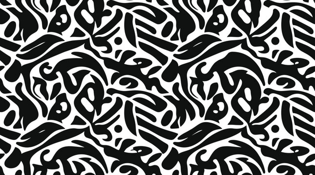 Seamless abstract pattern with bold black fluid shapes on a white background, repeating texture featuring interlocking organic forms for surface