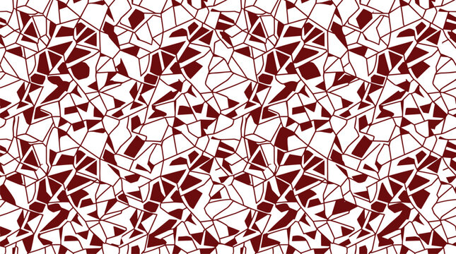 Seamless pattern of abstract geometric shapes with dark red filled polygons and thin black outlines