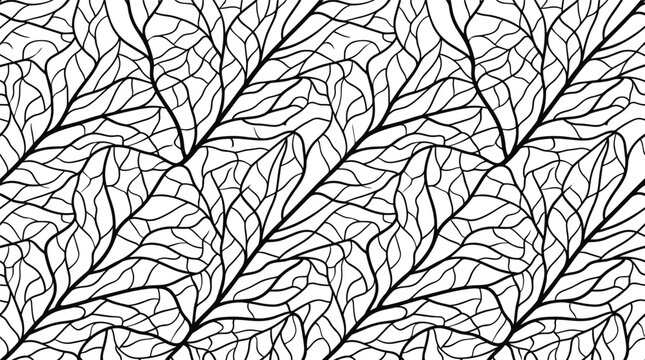 Seamless pattern of intricate black branching vein structures resembling organic leaf patterns on white