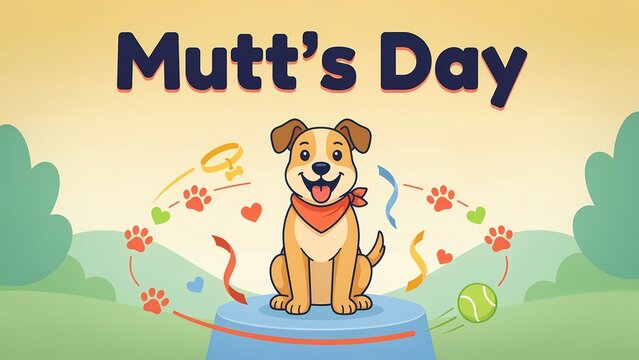 Mutts day celebration illustration with a cute cartoon dog on a pedestal