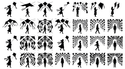 Fototapeta premium Kite Art Installation Experience Silhouettes Sets Pack, Editable Vectors Strokes Illustrations. containing silhouette, kite, collection, set, people, flying and mores Kite Festivals silhouettes.