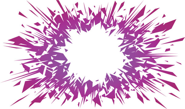 Abstract purple radial burst with shattered geometric shards forming a circular frame. Abstract vector background.