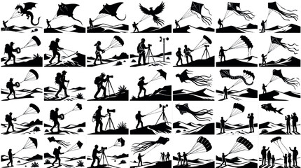 Fototapeta premium Animal Shaped Kite Parade Silhouettes Sets Pack, Editable Vectors Strokes Illustrations. containing silhouette, kite, flying, people, desert, dunes, adventure and mores Kite Festivals silhouettes.