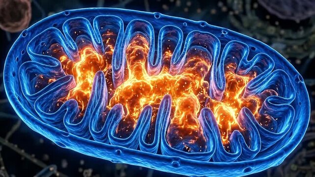 Mitochondrion cell organelle glowing inner membrane folds producing energy biological environment detailed scientific illustration showing vibrant microscopic cellular structure function