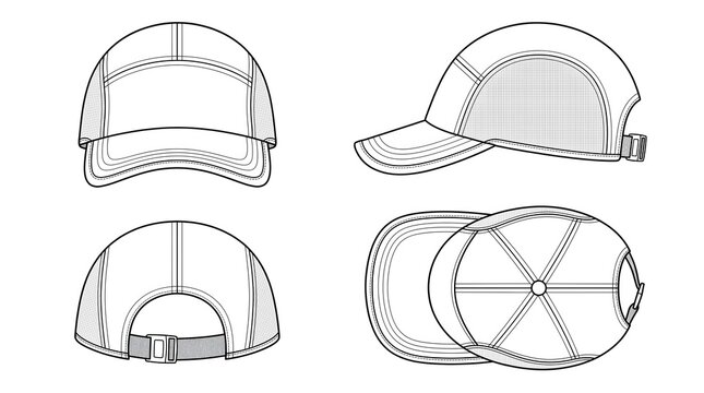 Sport Cap Black Outline Illustration - Technical Flat Sketch No Shading Vector