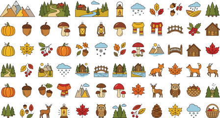 Fototapeta premium Colorful assortment of festive and rustic decorative items flat illustration