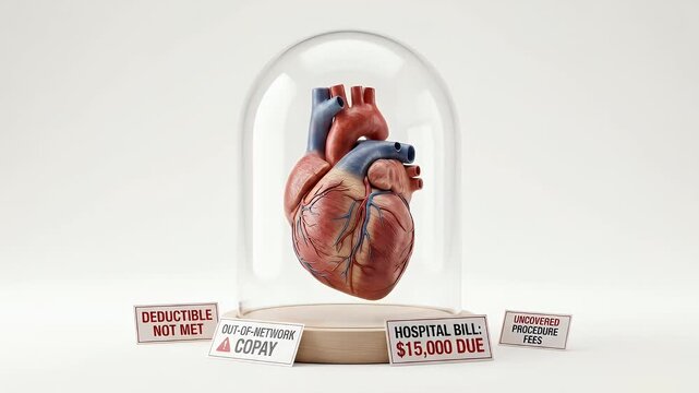 Human heart model glass dome with medical bill, copay, deductible, hospital signs highlighting high healthcare cost, uncovered expenses, and financial burden related to medical care and insurance
