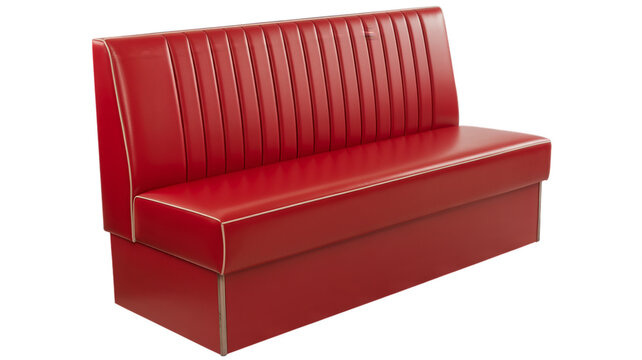 Red vinyl diner booth seating with vertical stitching isolated on white background