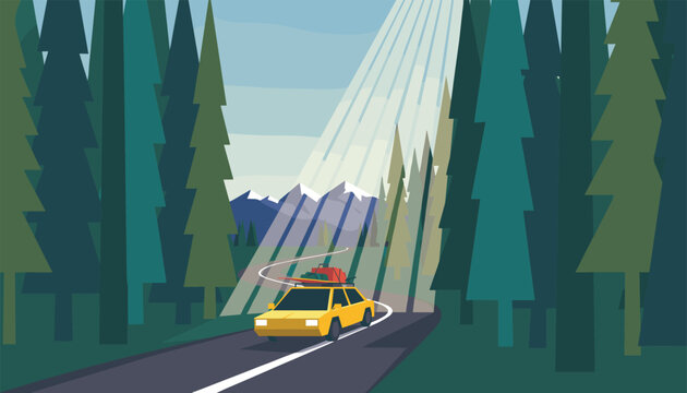 Yellow adventure car loaded with luggage driving on a highway through a dense green pine forest with mountains behind.