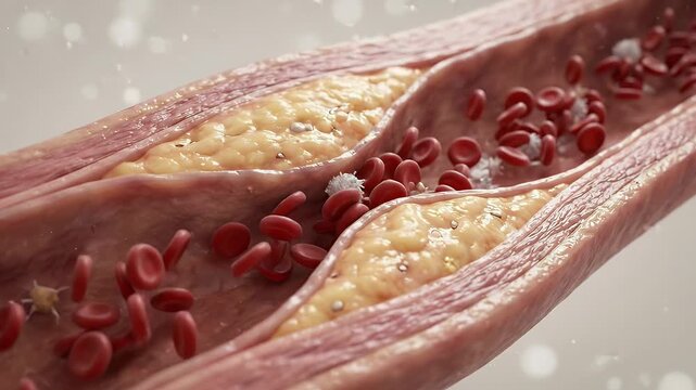 Artery plaque and cholesterol atherosclerosis with blood red cell flow, showing buildup in arterial wall causing blockage, narrowed lumen stenosis and thrombus in vascular medical 3D illustration