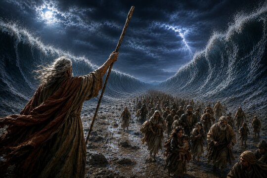 Moses stands at the edge of the sea with his staff raised toward the waters as a mighty wind parts the depths before Israel, revealing God&rsquo;s power to make a way where none seemed possible and leading 