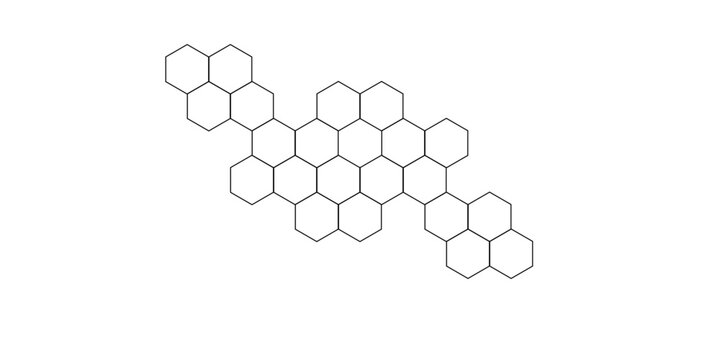 A complex molecular structure composed of interconnected hexagonal cells, resembling a graphite lattice or a stylized honeycomb pattern.