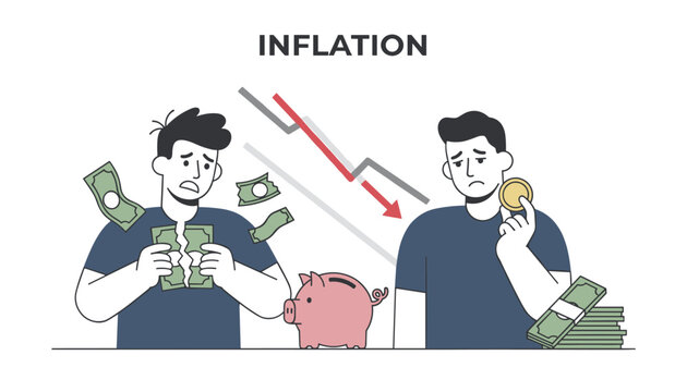 Worried young men managing broken paper money and piggy bank, representing financial inflation and economic crisis.