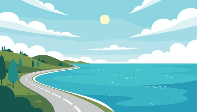 Scenic winding highway route alongside a turquoise ocean with green hills and cloudy blue sky in flat cartoon style.