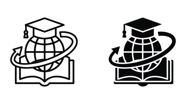 University library global learning icon with graduation cap book and orbit path around globe vector illustration for international education and research institutions in professional graphic design