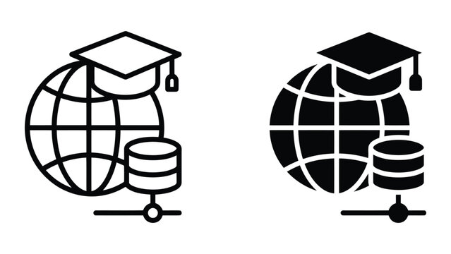Data education concept icon featuring globe graduation cap and database server storage symbol vector illustration for academic research and cloud learning management systems in professional design