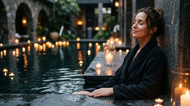 Serene young woman relaxing by luxury outdoor swimming pool at night, peaceful female in black bathrobe smiling with eyes closed near burning candles