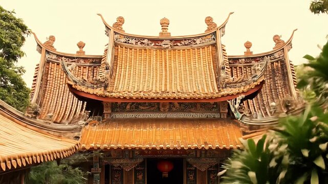 Ornate, multi-tiered building facade with red lanterns, plants in foreground