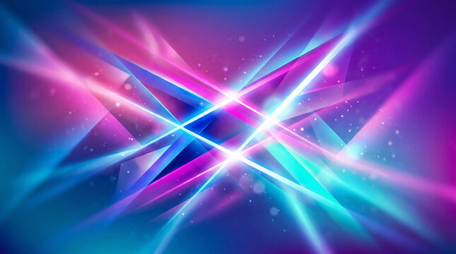 Abstract neon laser background with vibrant pink and blue glowing light rays intersecting on a dark backdrop.