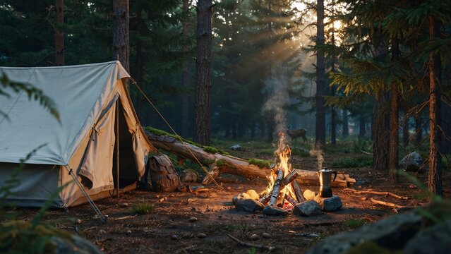 Serene forest campsite with tent and campfire at sunrise