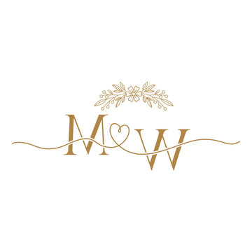 Elegant golden M and W letters intertwined with a heart and delicate floral wreath, perfect for wedding monograms or couple's logos.