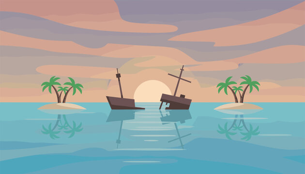 Sunken shipwreck split in half floating on calm ocean during beautiful orange sunset between two islands.