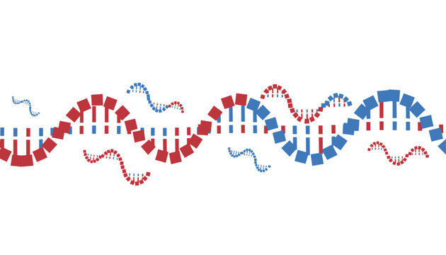 Science background featuring abstract rows of red and blue DNA double helix models on clean white background.