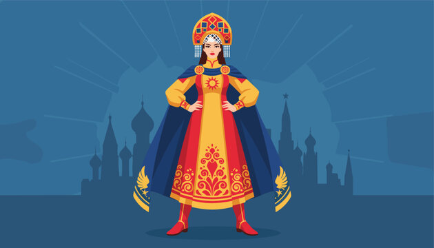 Beautiful russian princess in traditional imperial costume standing proudly in front of a castle silhouette.