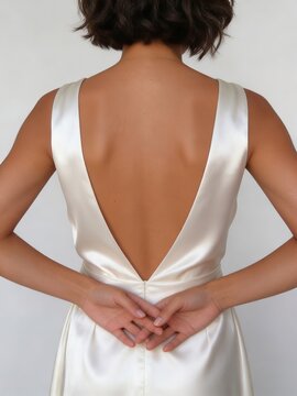 Model in Graceful Bridal Attire. Backless Satin Gown Worn by Graceful Bride Facing Away