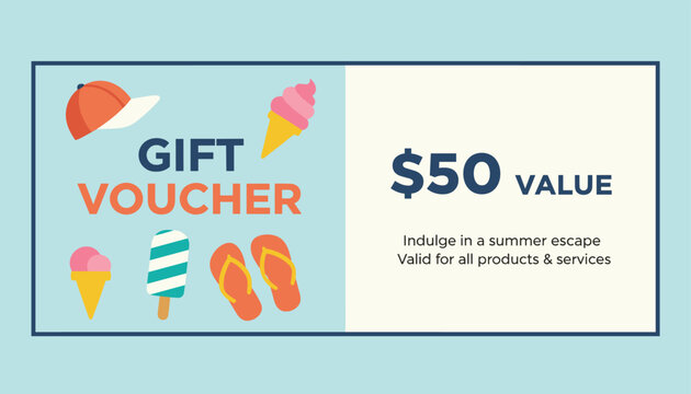 Gift voucher template worth fifty dollars features a summer theme with icons of flip flops, ice cream, and a baseball cap.