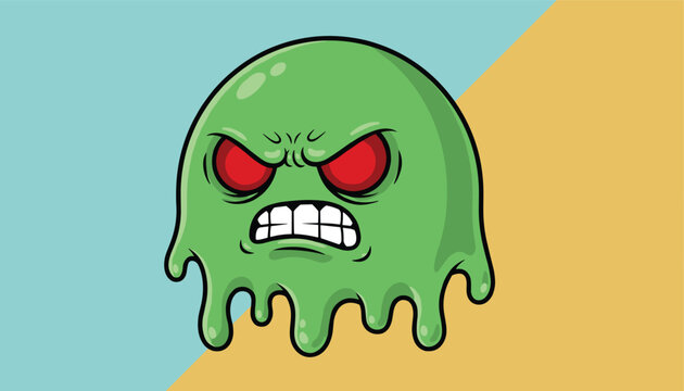 Green angry slime monster character with red eyes and sharp white teeth over a split teal and yellow background.