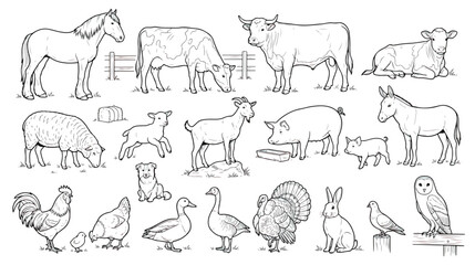 Hand drawn farm animals vector set, rustic livestock line art illustrations, black and white ranch animal sketches for coloring and design © chouadhrynuman