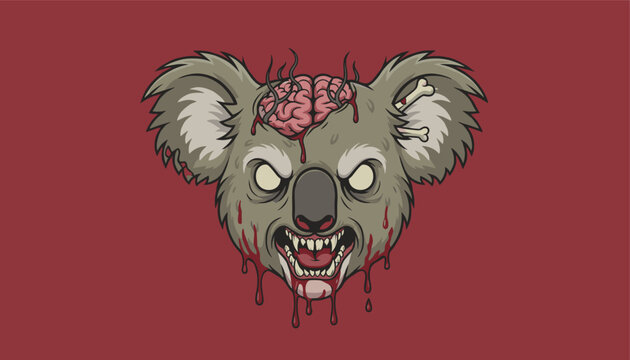 Creepy horror zombie koala head with a bleeding exposed brain and glowing white eyes on a dark red background.