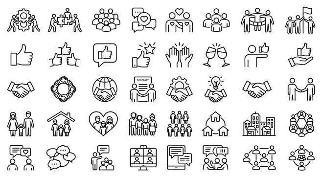 A sheet of 40 minimalist human connection icons in a clean grid layout .eps