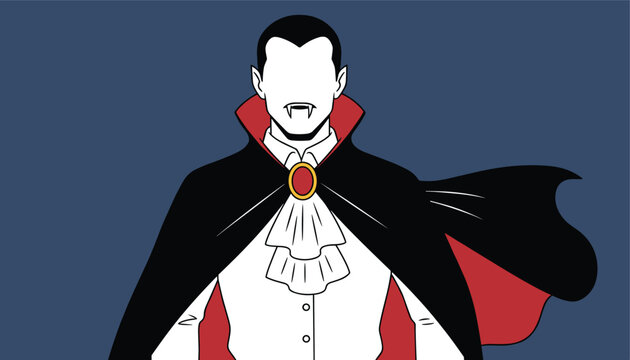 Count Dracula classic vampire character with sharp fangs and a high-collar red and black cape on dark blue background.