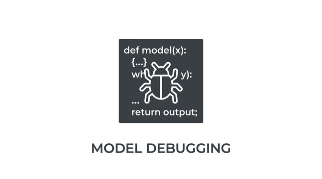 Computer code snippet with bug icon for model debugging.