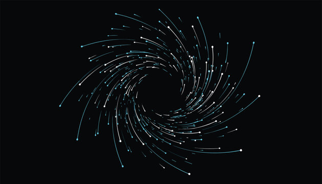 Dynamic spiral vortex of blue and white glowing particle sparks sworls against a solid black cosmic background.