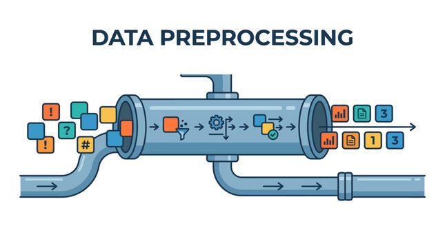 Conceptual data preprocessing pipeline flat vector illustration.