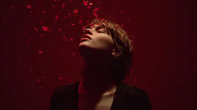 Woman on deep red background surrounded by confetti, glamorous pose and celebratory vibe