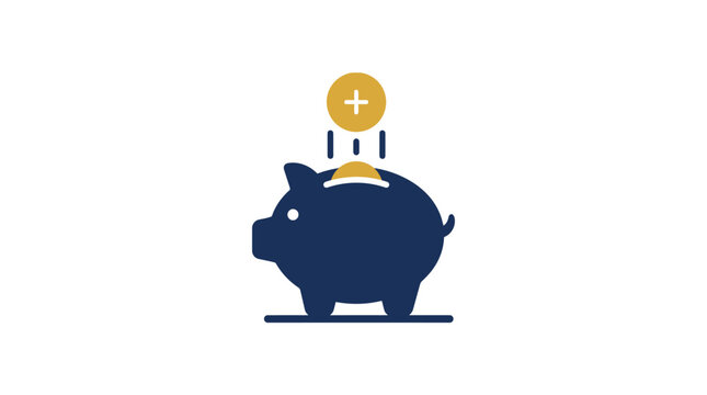 Dark blue piggy bank icon with falling coins.